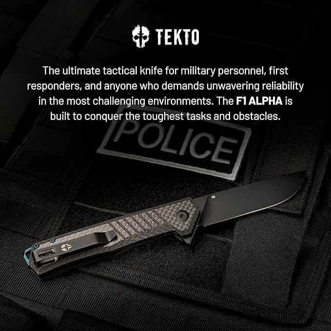 TEKTO F1 Alpha Folding Pocket Knife - Modified Straight Back BladeTitanium Coated D2 Steel Ideal for Outdoor Camping and Backpacking Tactical Carbon Fiber Handle Blue Titanium Accents