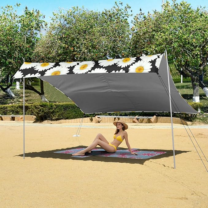 Beach Canopy with Windproof Ropes &amp Sandbags Beach Tent Sun Shade Sun Shelter for Camping Trips Fishing Backyard Fun or Picnics Daisy