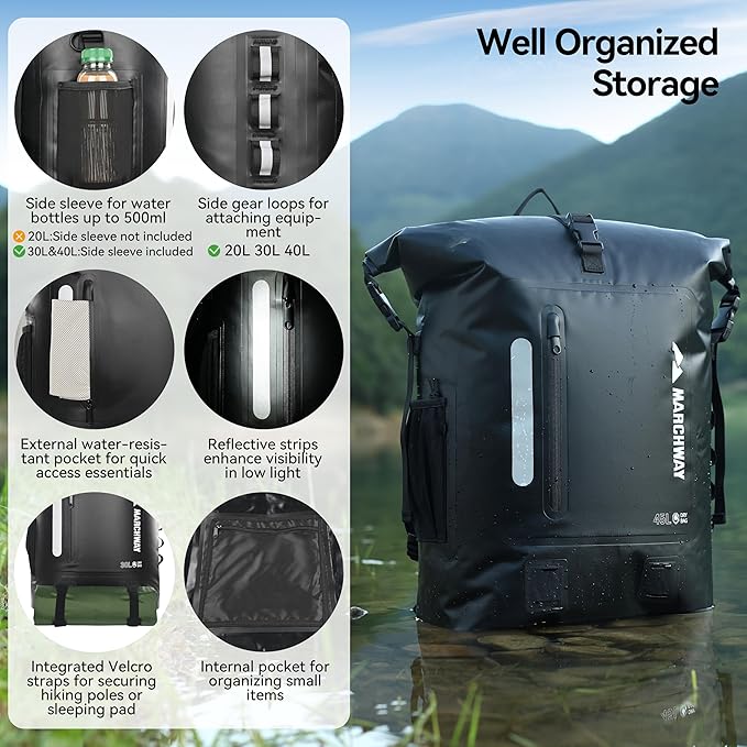 MARCHWAY Roll Top Waterproof Backpack Floating Dry Bag 20L/30L/45L with Ergonomic Rectangular Base Cushioned Back Hip Strap for Hiking Camping Kayaking Travel (Black 20L)