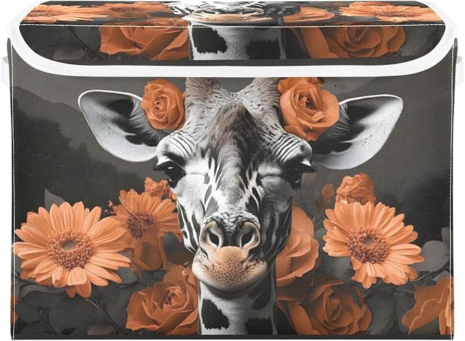 AIXIWAWA Lidded Storage Cube (Orange Floral Giraffe) Fabric Foldable Closet Bins with Flip Lid and Handles Organizer Basket Container 16.5 x 12.6 x 11.8 IN