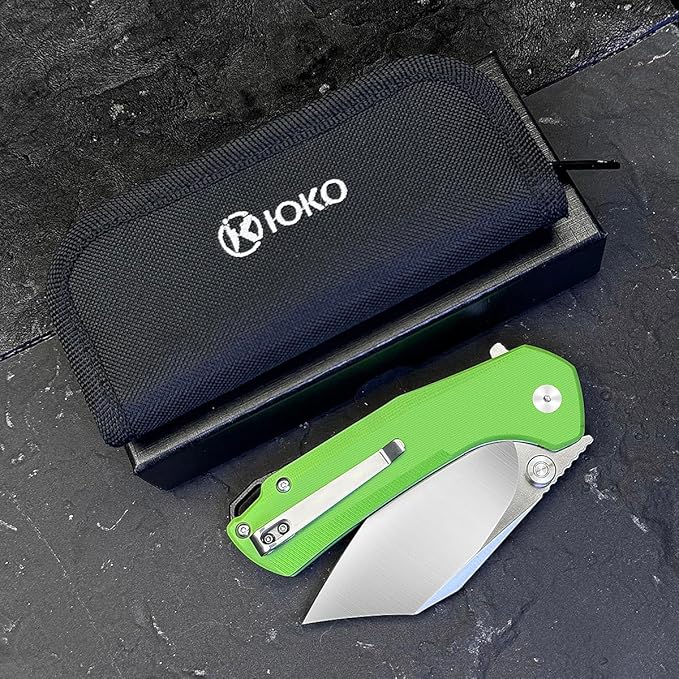 ioko Folding Pocket Knife 3.5-Inch D2 Steel Blade G10 Handle EDC Camping Survival Knife with Clip (Green)