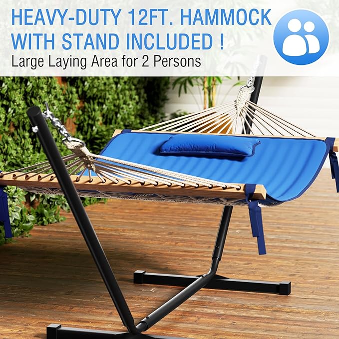 MUPATER 12FT Double Hammock with Stand Included 2 Person Hammock Outdoor Quilted Hammock with Stand Rope Hammock with Pad and Pillow hamacas para adultos Dark Blue