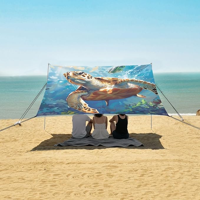 ALAZA Turtle Floats in Depth of The Sea Beach Tent Sun Shelter Portable Canopy Sunshade for Outdoor Camping Picnics Backyard Fun 10x9 ft