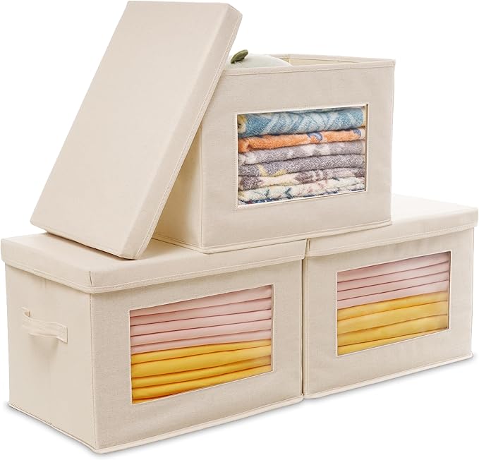 3-Pack Storage Bins with Lids Fabric Foldable Storage Bins with Soft Cord Handles Canvas Storage Bin with Lid for Organizing Clothes Blankets and Books Beige
