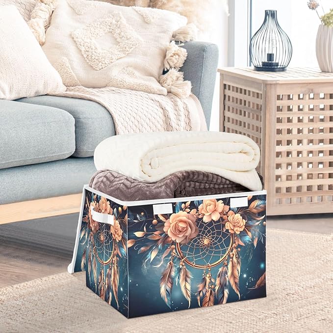 Dreamcatcher Feather Space Collapsible Storage Bins with Lids &amp Handles Foldable Storage Boxes Basket with Flip-Top Lid for Home Office 16.5” x 12.6” x 11.8”