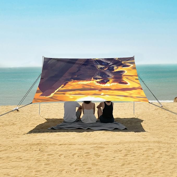 ALAZA Raccoon Cute Animal Beach Tent Sun Shelter UPF50+ Protection Beach Shade Canopy w/ 4 Sandbags for Outdoor Camping Fishing Backyard Fun Picnic 10x9 ft