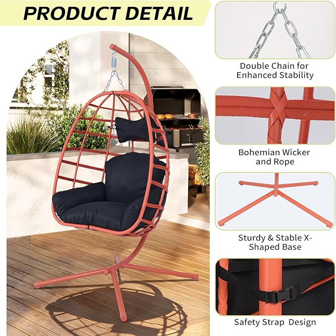 Hanging Egg Chair with Stand Outdoor Indoor Patio Rattan Swing Hammock Chairs with Washable Cushion 350lbs Capacity PE Wicker Swing Chair for Backyard Bedroom Garden (Orange + Black Cushion)
