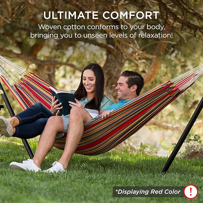 Best Choice Products Double Hammock with Steel Stand Indoor Outdoor Brazilian-Style Cotton Bed w/Carrying Bag 2-Person Capacity - Onyx