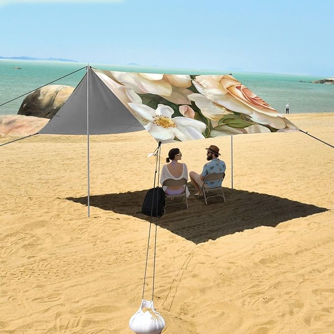 ALAZA Roses and White Flower Beach Tent Sun Shelter Portable Canopy Sunshade for Outdoor Camping Picnics Backyard Fun 10x9 ft