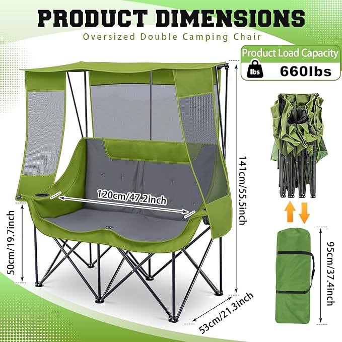 Teenyyou Double Camping Chair with Canopy Shade 660lbs Heavy Duty Beach Chair Portable Folding 2 Person Camping Loveseat with Cup Holder and Storage Bag for Lawn Beach Outdoor Sport(Geen and Grey)