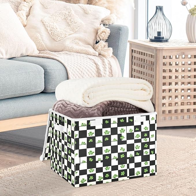 Clover Checkered Pattern Fabric Storage Bins with Lids and HandleFoldable Storage Bins with LidsCloset Organizers for Clothes Storage Room Organization Office Storage Chest Organizer
