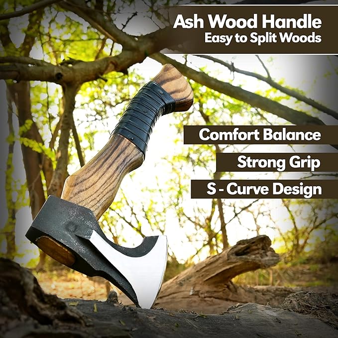 14” Hatchet Axe Camping Hatchet Hand Forged Axe with Sheath for Wood Chopping Splitting &amp Carving Bushcraft Axe with Ash Wood Handle for Outdoor &amp Survival
