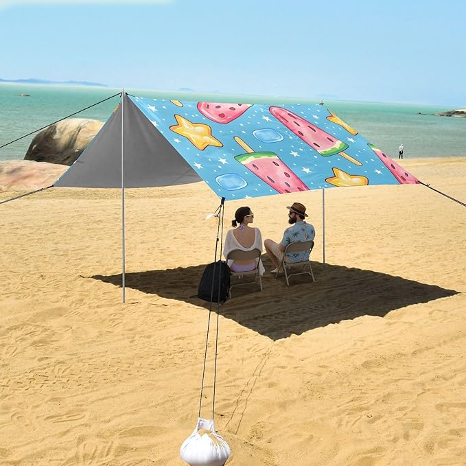 ALAZA Watermelon Popsicles Stars Ice Cubes Pattern Beach Tent Sun Shelter Portable Canopy Sunshade for Outdoor Camping Picnics Backyard Fun 10x9 ft