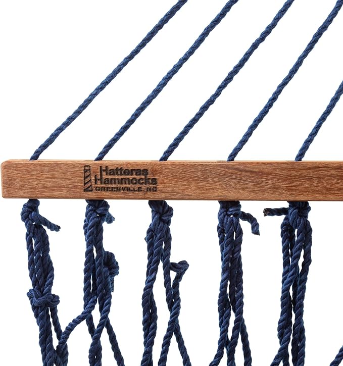 Hatteras Hammocks Small Navy DuraCord Rope Hammock – 11 ft. x 45 in. 450 lb Capacity Cumaru Spreader Bar Zinc-Plated Hardware Handcrafted in The USA