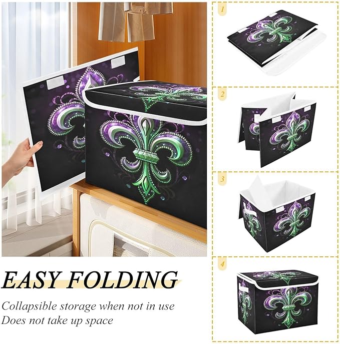 Christmas Storage Baskets with Lids Mardi Gras Collapsible Bins Stackable Fabric Linen Baskets Closet Organizer Container 16.5x12.6x11.8