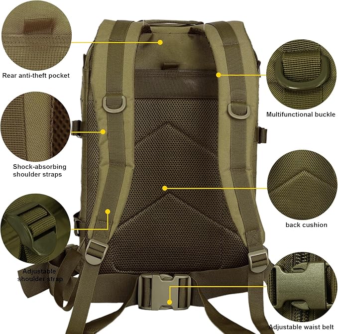 Small Tactical Backpack Assault Pack Bug Out Bag 40L Military Backpack with Molle for Hiking Hunting Rucksack Trekking (Green)