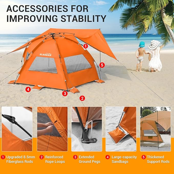 Elegear CumbreX™ Beach Tent with 360° Removable Canopy 4-6 Person Pop Up Sun Shade Shelter UPF 50+ Automated Installation Double Silver Coating Portable Lightweight Beach Cabana for Outdoor Orange