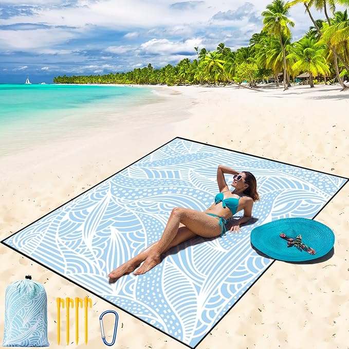 Beach Blanket Waterproof Sandproof Beach Mat 79 X 83/10'x9'for 2-8 Adults Quick Drying Outdoor Picnic Mat Beach Accessories for Travel Camping Hiking