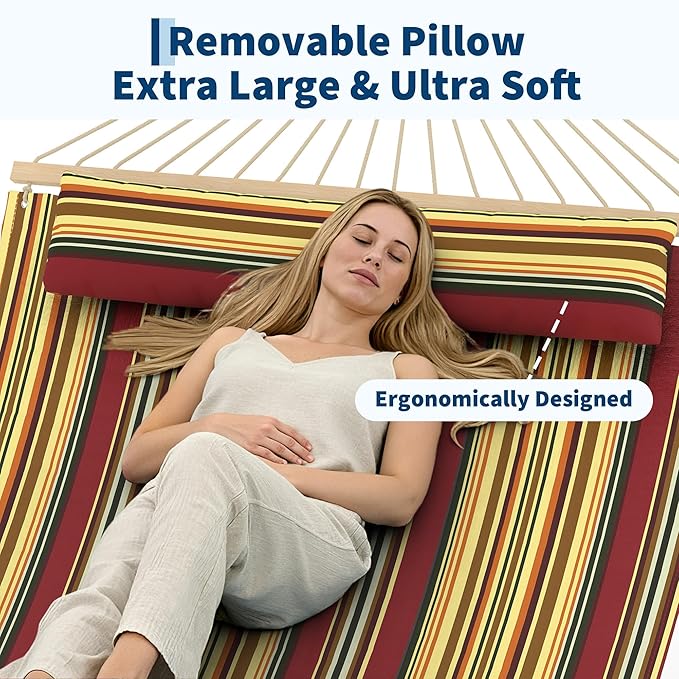 Hammocks 12 FT Double Quilted Fabric Hammock with Spreader Bar and Detachable Pillow 2 Person Hammock for Outdoor Patio Backyard Poolside 450lbs Weight Capacity