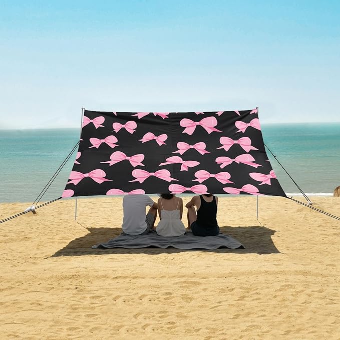 ALAZA Pink Bow Black Background Pattern Beach Tent Sun Shelter Portable Canopy Sunshade for Outdoor Camping Picnics Backyard Fun 10x9 ft