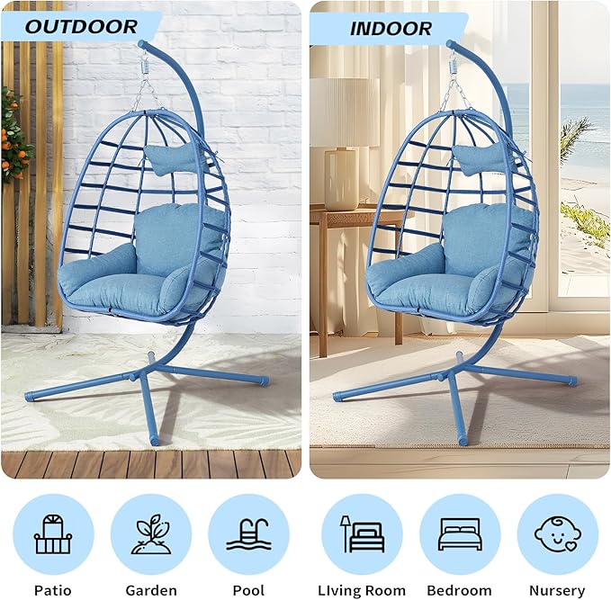 Hanging Egg Chair with Stand Outdoor Indoor Patio Rattan Swing Hammock Chairs with Washable Cushion 350lbs Capacity PE Wicker Swing Chair for Backyard Bedroom Garden (Blue + Blue Cushion)