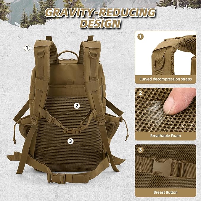 45L Military Tactical Backpack For Men and Women Molle Daypack 3 Day Bug Out Bag Hiking Gym Backpack Rucksack With Bottle Holder Khaki