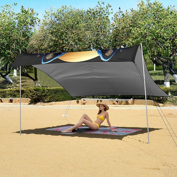ALAZA Wolf Head Boho Beach Tent Sun Shelter UPF50+ Protection Beach Shade Canopy w/ 4 Sandbags for Outdoor Camping Fishing Backyard Fun Picnic 10x9 ft