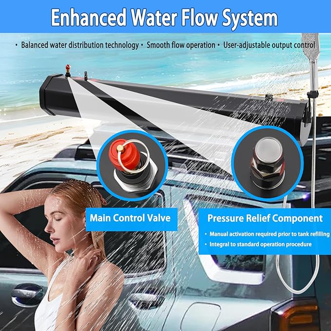 Portable Roof Rack Shower with Pressurized Water Tank Adjustable Shower Head and Hose for Off-Road Camping SUV Truck RV Overlanding and Outdoor Adventures 18L (4.8 gal)