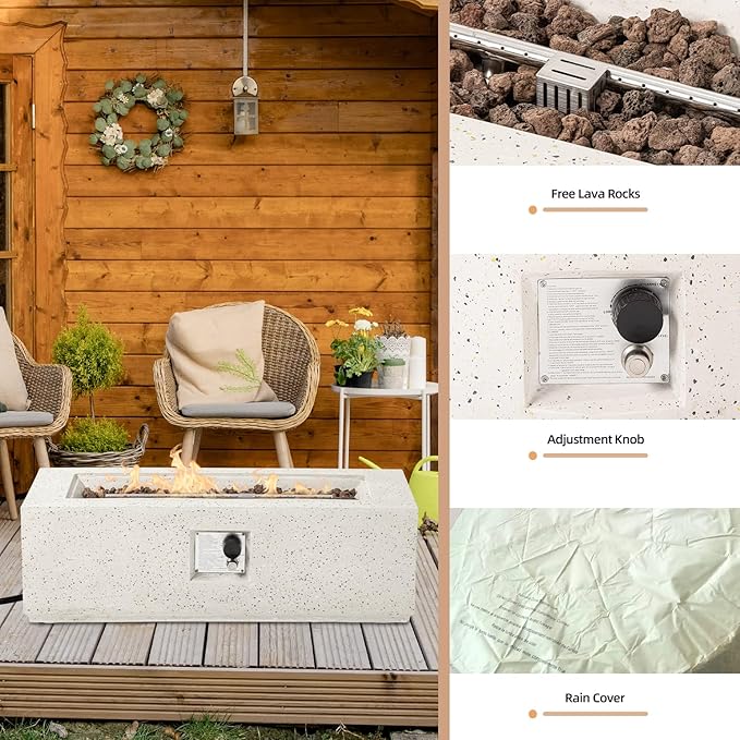 HOMPUS Outdoor Propane Fire Pit 44-inch x 17-inch Rectangle White Terrazzo Concrete Fire Table with Lava Rocks and Rain Cover 50000 BTU Gas Fire Pit for Patio Deck or Backyard