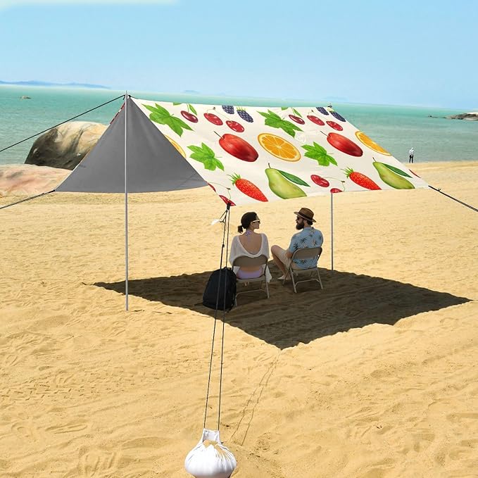 xigua Fruit Beach Tent Sun Shelter with Carrying Bag - Silver Coated Oxford Fabric Beach Canopy for Beach Camping Fishing - Includes Windproof Ropes Sandbags &amp Stakes