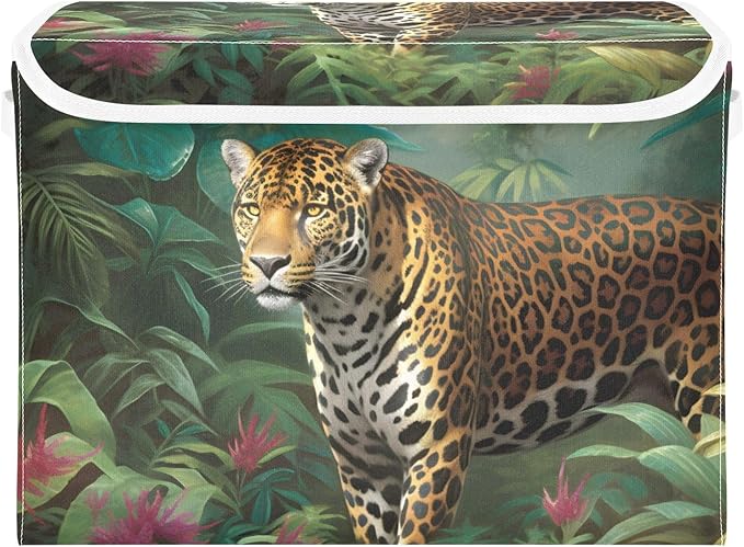 Leopard in Jungle Storage Cube with Lid Collapsible Flip-top locker Fabric Storage Bins Basket with Handle for Home Bedroom Closet Office 16.5×12.6×11.8 in