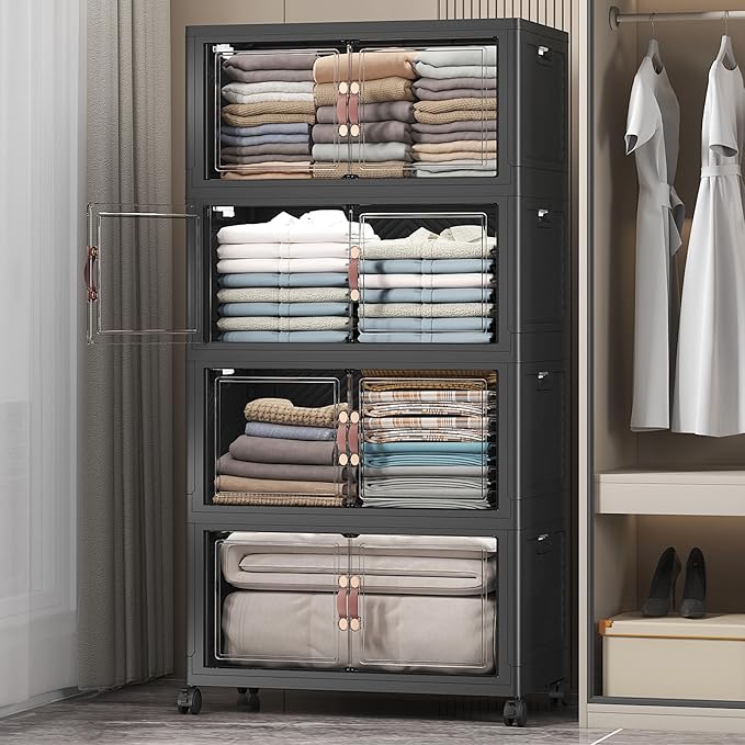 UAMFURI Stackable Storage Bins with Lids Extra Large Plastic Organizer Cabinet Drawers 896QT Collapsible Closet Containers with Doors and WheelsFor Bedroom Office Garage(8Pack Cube)