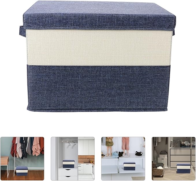 Alipis Cotton Linen Foldable Cloth Storage Bin with Lid 37.5x27.5x26cm Multipurpose Organizer Basket for Clothes Home Storage Container for Bedroom and Living Room