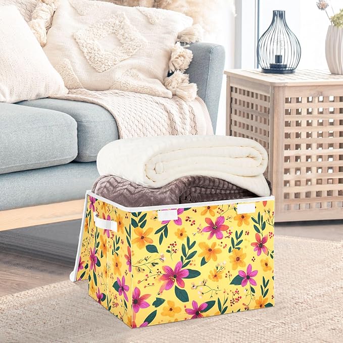 Bright Yellow Spring Flower Storage Box with Lid 1 PC Foldable Storage Bin with Lids Stackable Storage Bins Cube Closet Organizer Basket with Flip-Top Lid &amp Handles for Shoes Books Towels