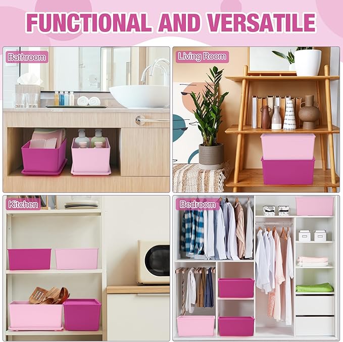 Menkxi 6 Pcs Storage Bins with Lids Small Plastic Storage Containers Stackable Storing Baskets Box Cute Organizer Bins for Organizing Shelves (Pink Series)