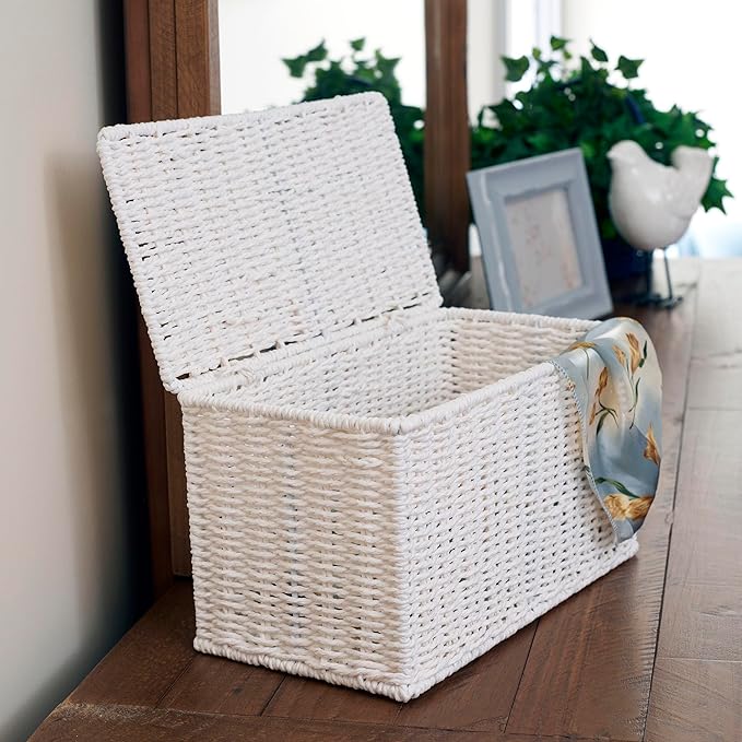 Household Essentials Small Wicker Basket with Lid Multipurpose Storage Basket for Bathrooms Shelves Desks Vanities Closets and More White