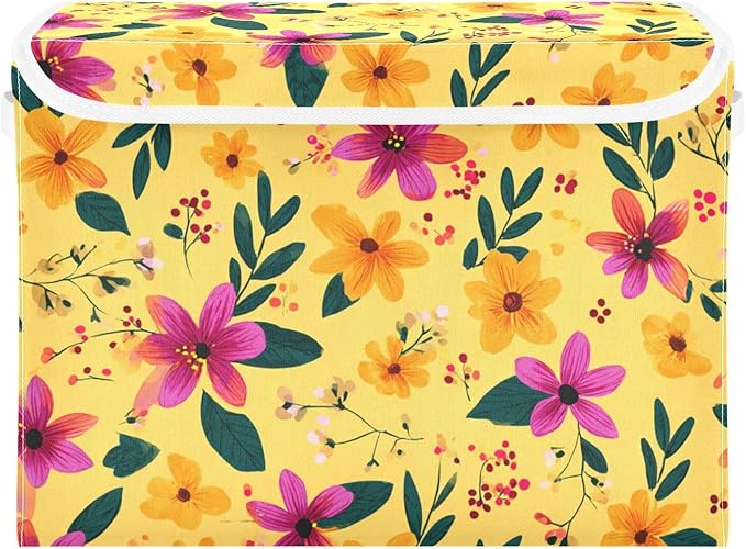 Bright Yellow Spring Flower Storage Box with Lid 1 PC Foldable Storage Bin with Lids Stackable Storage Bins Cube Closet Organizer Basket with Flip-Top Lid &amp Handles for Shoes Books Towels