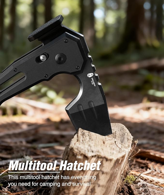 HX OUTDOORS Folding Tactical Axe Survival Multitool DC53 Steel Blade with Black Titanium Camping Axe with Hammer &amp Bottle Opener G10 Handle for Outdoor Gear Tactical and Survival scenarios(Bla