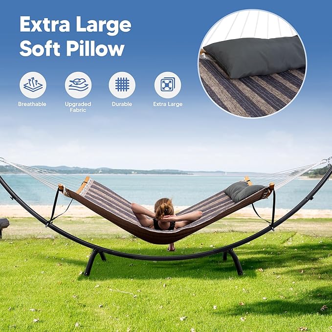 SUNCREAT Hammocks for Outside with Stand Porch Hammock and Stand 475 lbs Capacity Patent Pending Gray Stripes