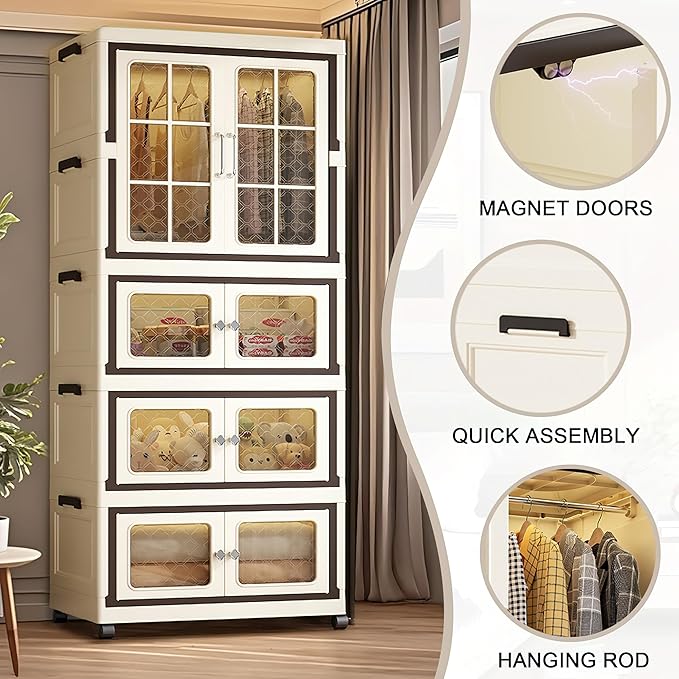 SunSettler Collapsible Storage Bins with Lids Folding Storage Cabinets with Doors Stackable Organizers Cabinets Closet Organizers and Storage for Home Dorm (3+1 Transparent Plus)