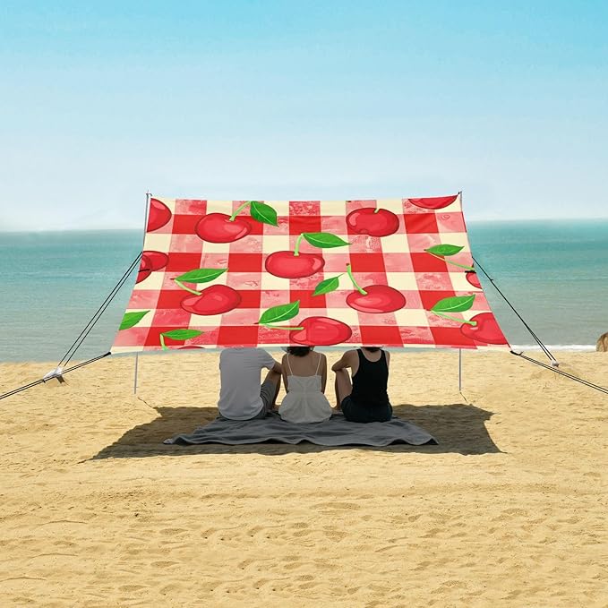 xigua Cherry Beach Tent Sun Shelter with Carrying Bag - Silver Coated Oxford Fabric Beach Canopy for Beach Camping Fishing - Includes Windproof Ropes Sandbags &amp Stakes