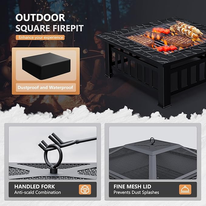 Greesum Multifunctional Patio Fire Pit Table 32in Square Metal BBQ Firepit Stove Backyard Garden Fireplace with Spark Screen Lid and Rain Cover for Camping Outdoor Heating Bonfire and Picnic Black
