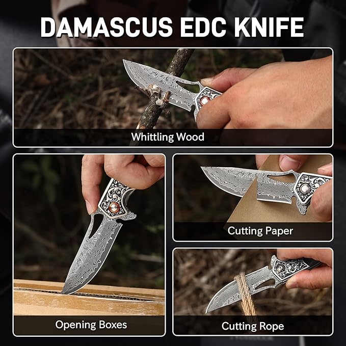 Damascus Pocket Knife for Men Wooden Handle and Sharp Damascus Steel Blade Folding Knives for EDC Camping Hiking Outdoor Collection