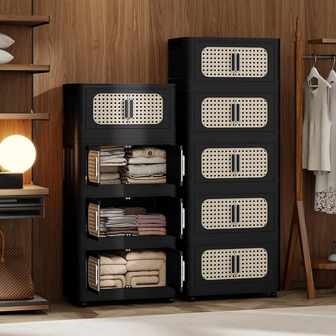 4 Tiers Folding Storage Cabinet20 Side Wide Stackable Storage Bins with Doors and Wheels Space Saving Plastic Cabinet for Living Room Office Dorm Retro Black
