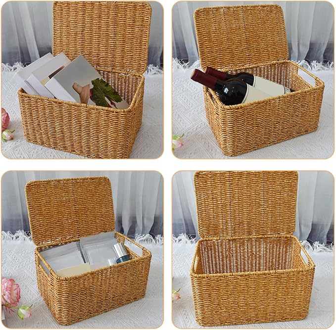 Lurrose Decorative Small Lidded Storage Basket Imitation Rattan Woven Container with Lid Large-capacity Closet Organizer Bin for Bedroom and Outdoor Use