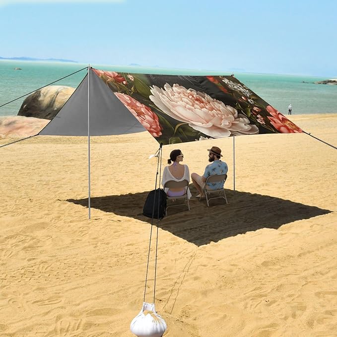 ALAZA Black Cat Peony Flowers Beach Tent Sun Shelter UPF50+ Protection Beach Shade Canopy w/ 4 Sandbags for Outdoor Camping Fishing Backyard Fun Picnic 10x9 ft