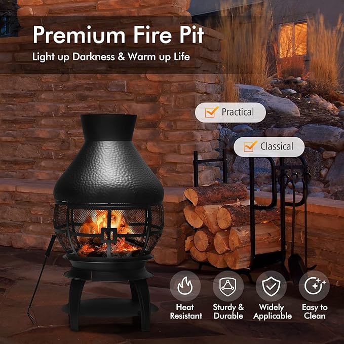 Giantex Wood Burning Chiminea Heavy Duty Fireplace Chiminea Wooden Fire Pit with 2-Piece Log Grate Premium Rain Cap &amp Fire Poker 360°Fire Retardant Mesh Cover Ideal for Garden Patio Backyard