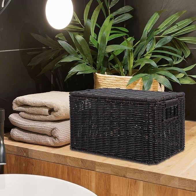 Angoily Lidded Storage Basket 33x22.5x18.5cm Simulated Rattan Woven Closet Organizer Storage Bin for Clothing