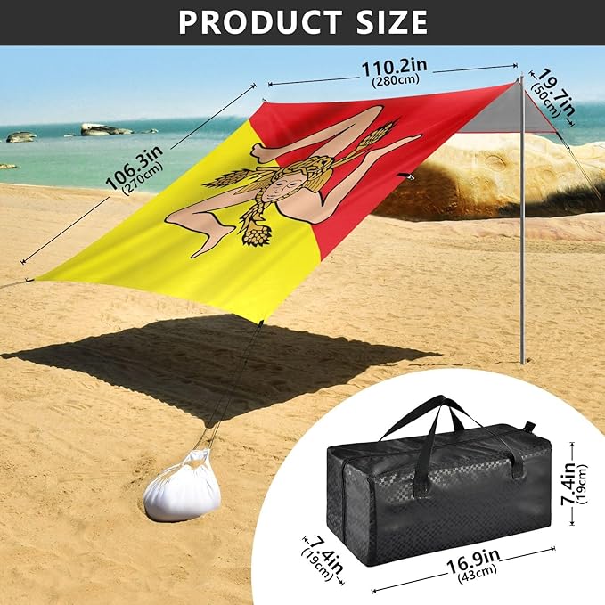 Flag Italy Sicilian Yellow Red Beach Tent UPF50+ Protection Waterproof Sun Shelter with Sandbags &amp Sand Shovel for Camping Trips Fishing Backyard Fun or Picnics