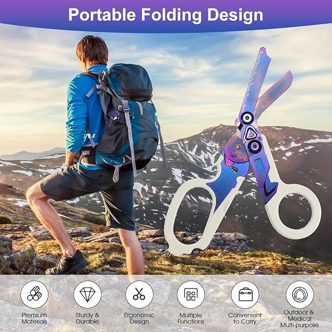 6 in 1 trauma shears folding emergency shear Outdoor Camping Tools Seat Belt Cutter Oxygen Cylinder Wrench Complimentary Adjustable Wrench (Luminous Purple)